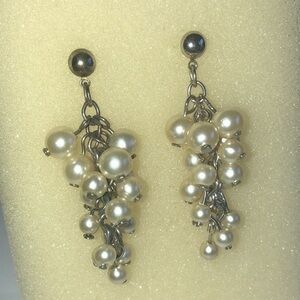 Vintage Silver Tone Faux Pearl Dangling Boho Retro Pierced Earrings